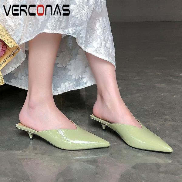

verconas fashion concise women sandals genuine leather mules pointed toe thin heels pumps spring summer shoes woman new, Black