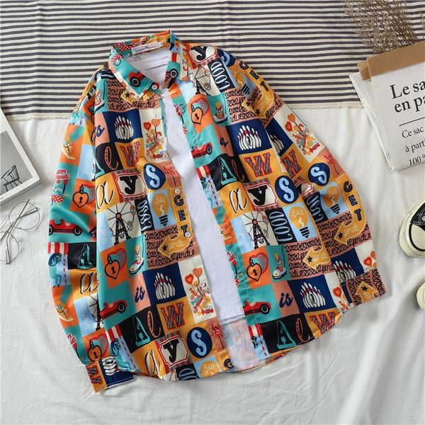 

autumn print long sleeve shirt men button up vintage harajuku shirt blouses streetwear korean loose shirt for man psni, White;black