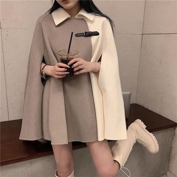 

women's wool & blends gothic women cape coats loose casual outerwear high street stylish autumn winter warm overcoat female coat, Black