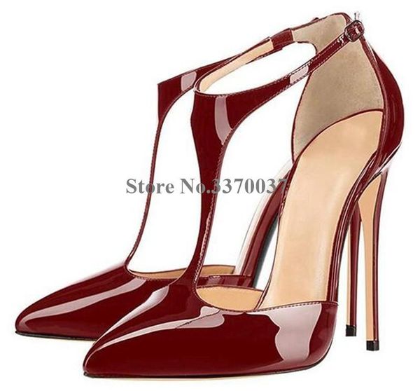 

dress shoes fashion women pointed toe patent leather t-strap stiletto heel pumps burgundy green silver high heels wedding, Black