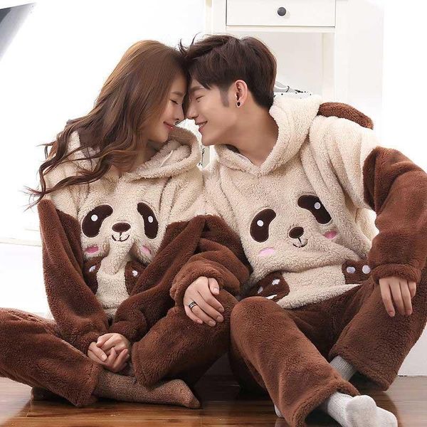 

winter velvet couple pajamas set men sleepwear warm flannel pajamas set animal cartoon cute home clothes homewear, Black;brown