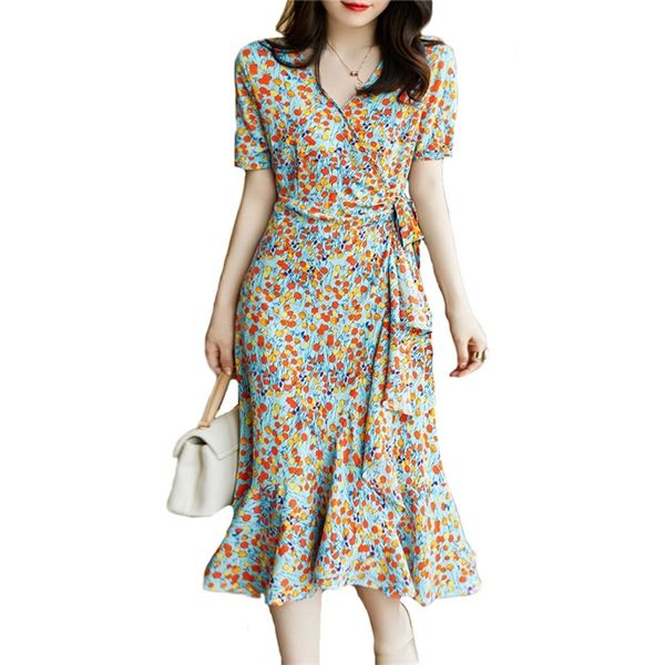 

floral dress women summer french vintage v-neck high waist thin ruffled irregular fishtail slim dresses female lr1361 210531, Black;gray