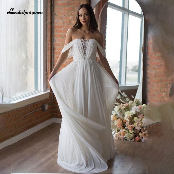 

2021 new chiffon a-line plus size wedding off the shoulder chic long bridal gowns appliques robe de mariee q5fe, White