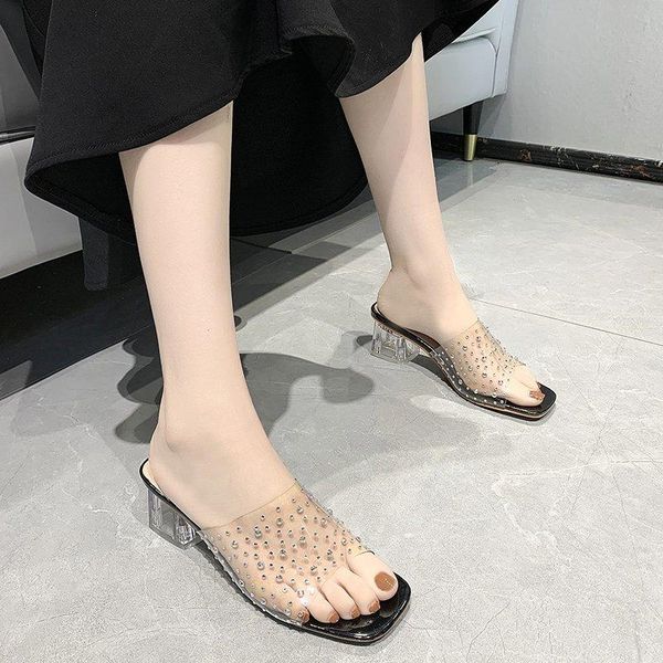 

slippers fashion transparent sandals women 2021 summer ins tide crystal with high thick heel seaside vacation women's big 45, Black