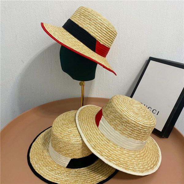 

hat women's summer color contrast ribbon wheat straw version edge flat sunshade hat, Yellow