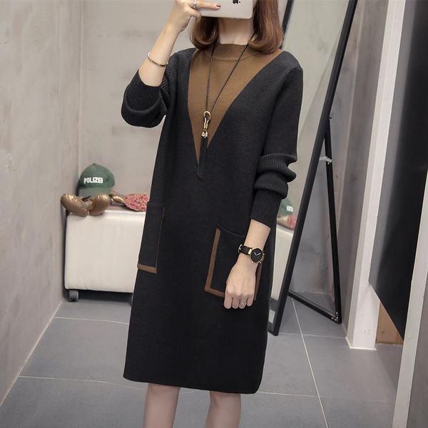 

casual dresses turtleneck long knitted sweater korean style oversized party vintage women's winter dress for christmas clothes long-sle, Black;gray