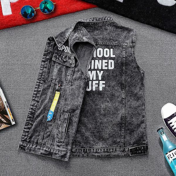 

men's vests mens street denim vest autumn men jeans sleeveless jacket coats summer clothing hip hop streetwear man waistcoat for male, Black;white