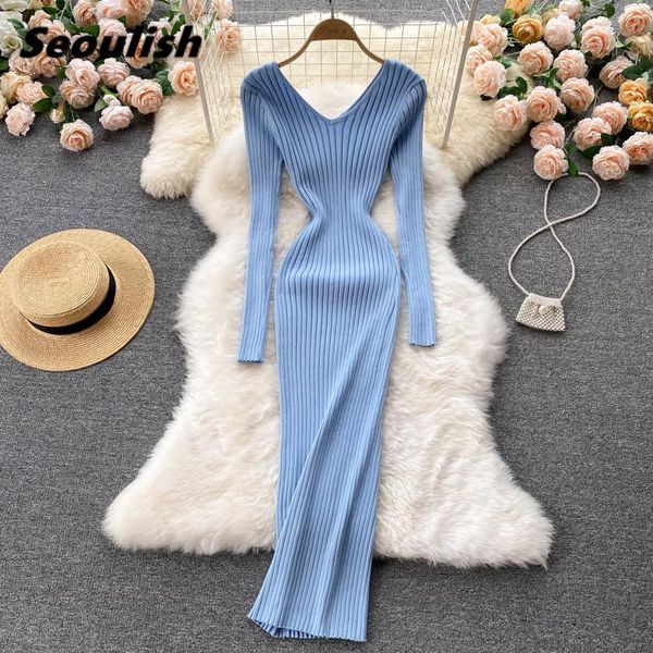 

casual dresses seoulish autumn winter 2021 elegant v-neck knitted high waist long sleeve sheath bodycon sweater dress female, Black;gray