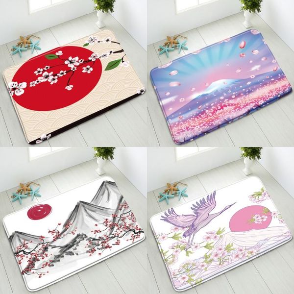 

bath mats japanese style mount fuji non-slip bathroom mat pink cherry blossom flower green leaves bedroom kitchen doormat absorbent carpet