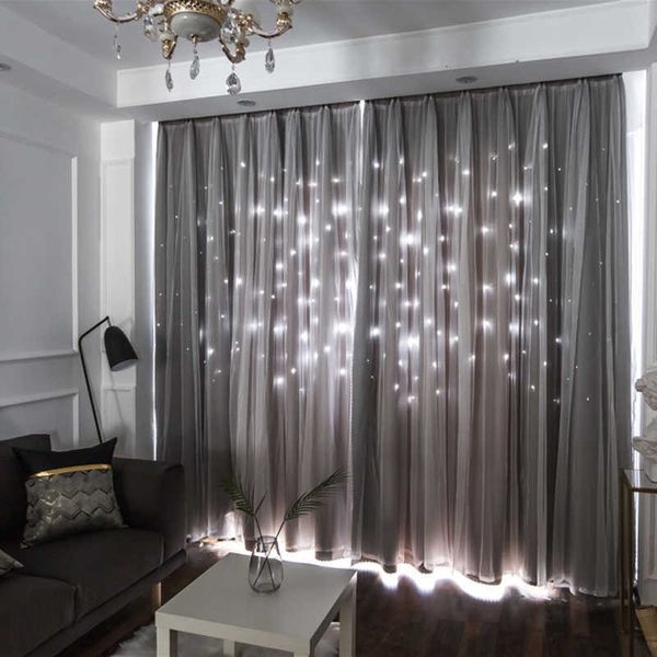 Cortina opaca de estrellas huecas de doble capa para sala de estar cortinas de ventana dormitorio gasa el decoración del hogar 210712