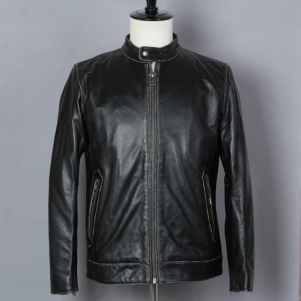 

men's leather & faux 2021 vintage genuine stand collar zipper motorcycle men black cowskin biker jacket male