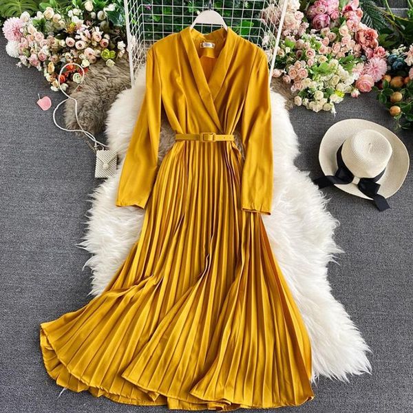 

casual dresses autumn fashion streetwear long dress french vintage maxi pleated women elegant v neck sleeve a-line bandage, Black;gray