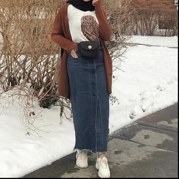 

non stretch bodycon long denim skirt raw edge women muslim modest casual maxi jeans skirt with pockets turkish dubai botton down, Black