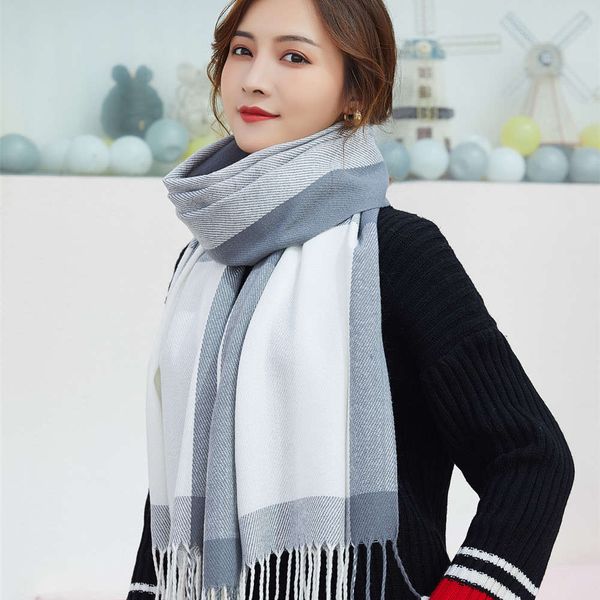 

winter plaid women's new warm cashmere like tassel shawl men's scarf, Blue;gray