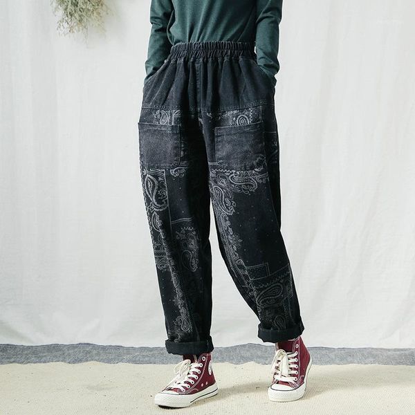 

women's jeans 2021 spring large size women loose retro denim pants elastic waist print geometric casual all-match trousers, Blue