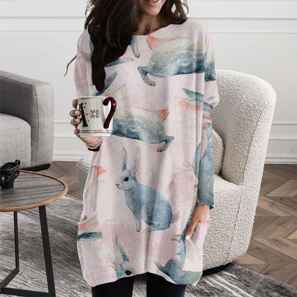 

spring and autumn cute rabbit pattern long pocket t-shirt female elements round neck loose comfortable homewear, Black;gray