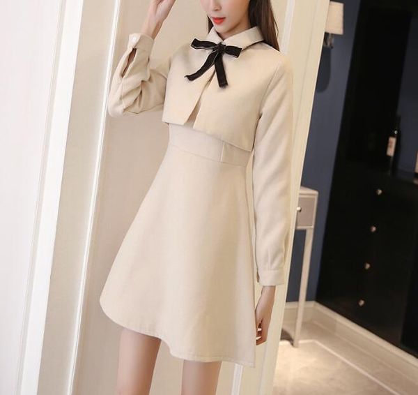 

casual dresses women dress sweet college wind fake two piece bowknot bow temperament retro, Black;gray