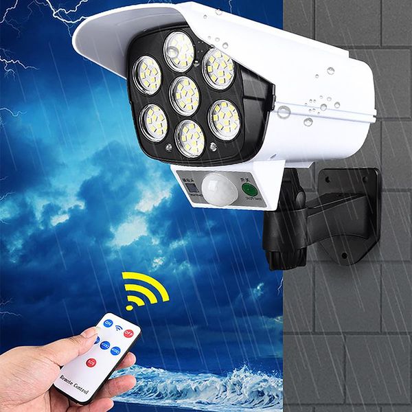 

solar light motion sensor street light dummy camera remote wireless flood outdoor 77led waterproof wall lamp