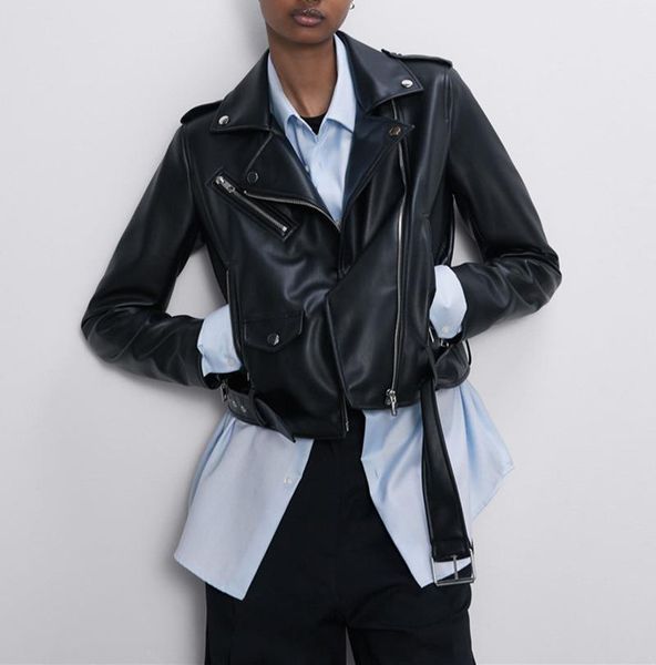 

women's leather & faux short motorcycle coat pu autumn 2021 lapel belt, Black