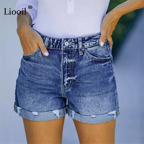 

women's jeans liooil curly stretchy shorts mid rise wirh pocket button jean summer ripped denim for women streetwear 2021, Blue