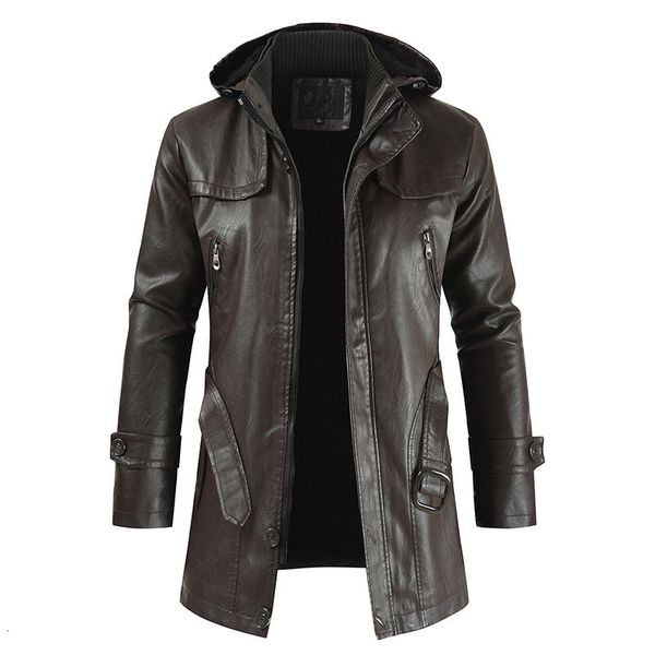 

2021 new men's hooded long autumn winter coats windbreaker outwear fleece pu leather basic jacket casual m6te, Black