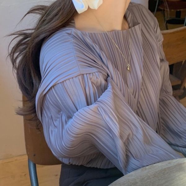 

2021 autumn new french design violet solid pleated shirts o neck full women blouses kqhb, White;black