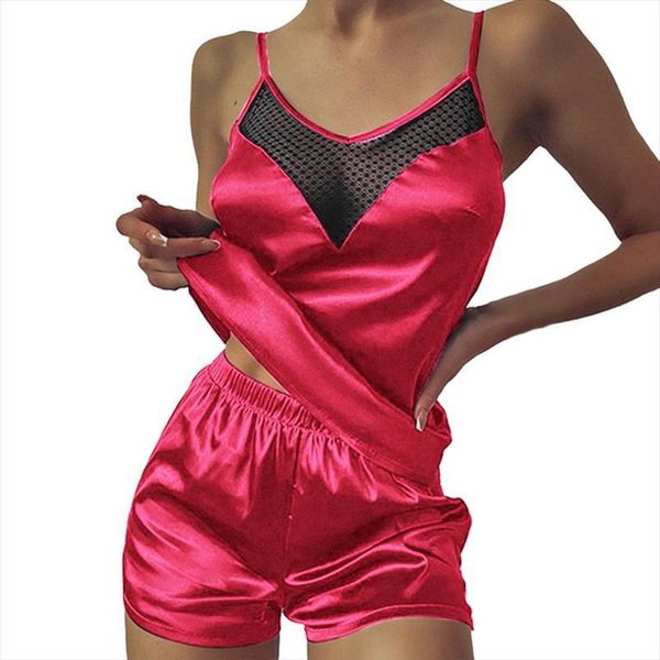 

set summer pajama solid womens sleepwears adjustable strap cami shorts satin pajamas loose female nightwear suit, Black;red