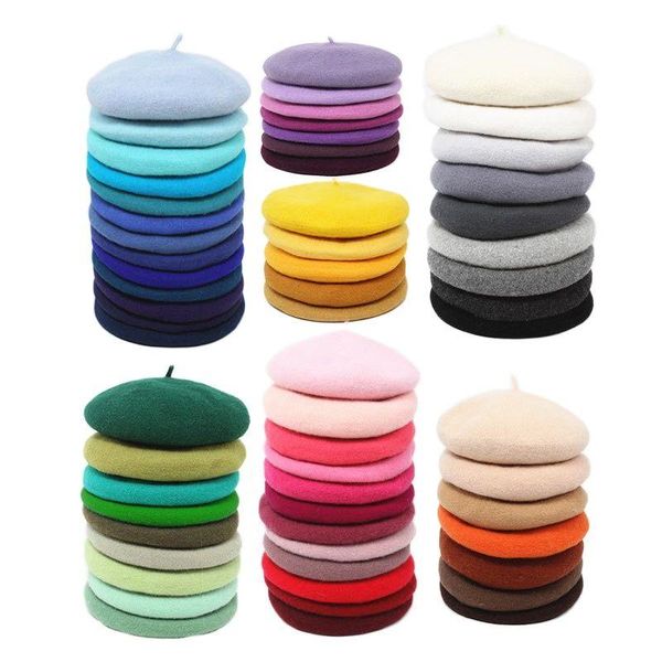 

berets 100% wool beret hat winter ladies girl round artist french caps pumpkin solid thick warm headwear, Blue;gray