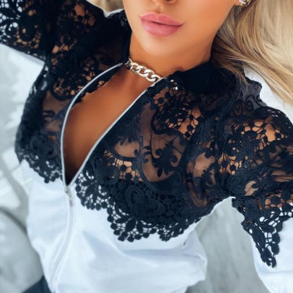 

women's jackets autumn women casual colorblock round neck night out guipure lace zipper front long sleeve coat, Black;brown