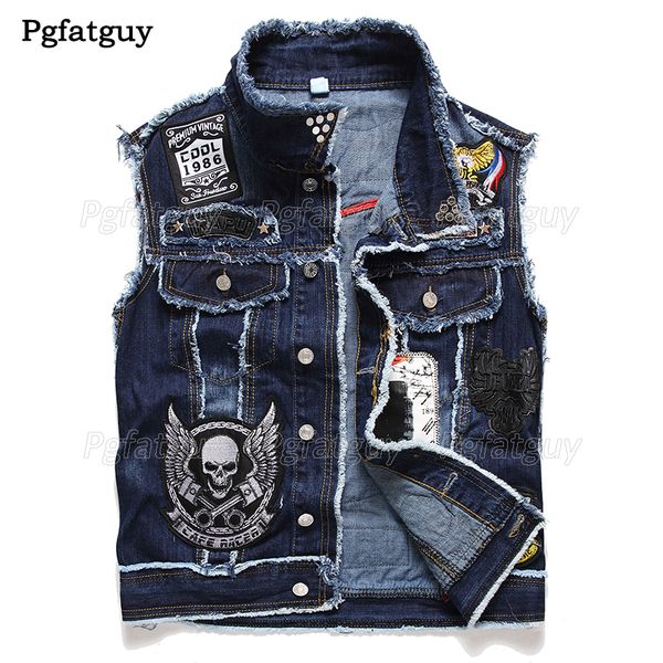 Nakış Kafatası Denim Yelek Erkekler Punk Rock Rivet Kovboy Mavi Yelek Moda Erkek Motosiklet Tarzı Kolsuz Kot Ceket