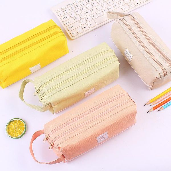 

pencil bags canvas large-capacity case double-layer simple multi-function solid color small fresh student stationery box