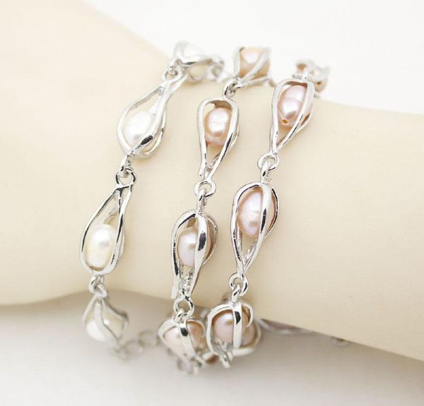 

pendants natural white pink lilac rice pearl stone 7x8mm handmade metal bracelet 7.5"long, Black