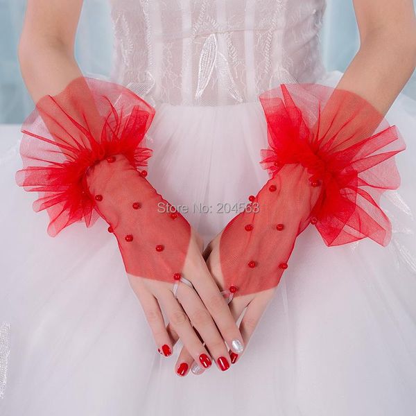 

bridal gloves short wedding party fingerless tulle wrist red with pearls, White
