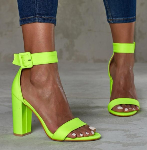 

ddyzhy 2021 class pu summer women sandals buckle strap square high heels round toe party solid rose red green orange size 35-42, Black