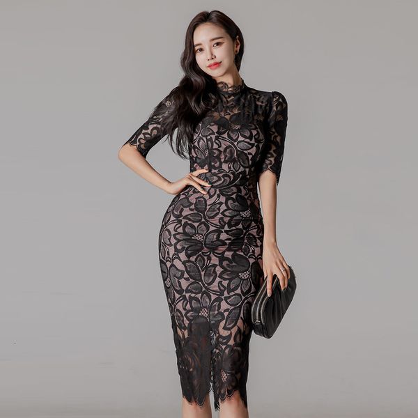 

korean-style spring autumn dressed in black lace waist thin-fitting hip bag half sleeve sheath women's party dresses 9m14, Black;gray