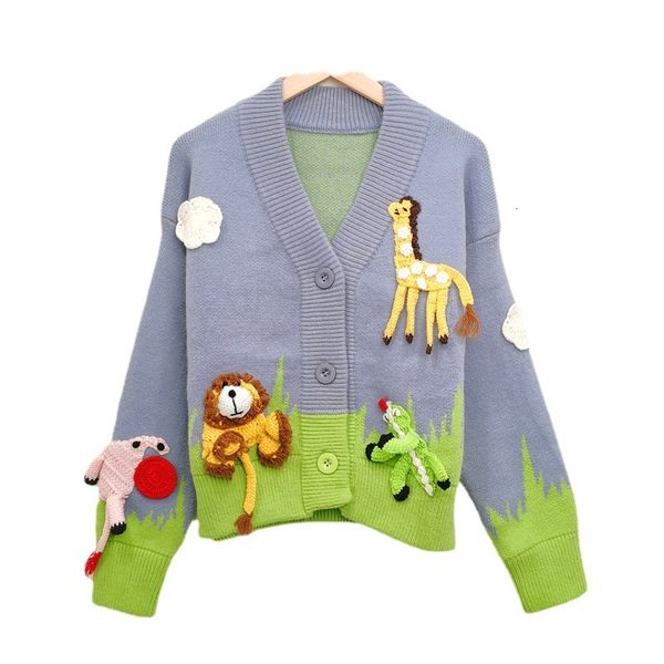 

sweater knit autumn and winter 2021 heavy industry hand hook giraffe lion animal pattern loose temperament ted cardigan coat women, White;black