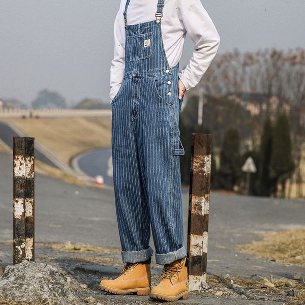 

new 2021 privathinker japanese striped men denim overalls korean men's wide leg jeans rompers streetwear man casual trousers n3hw, Blue