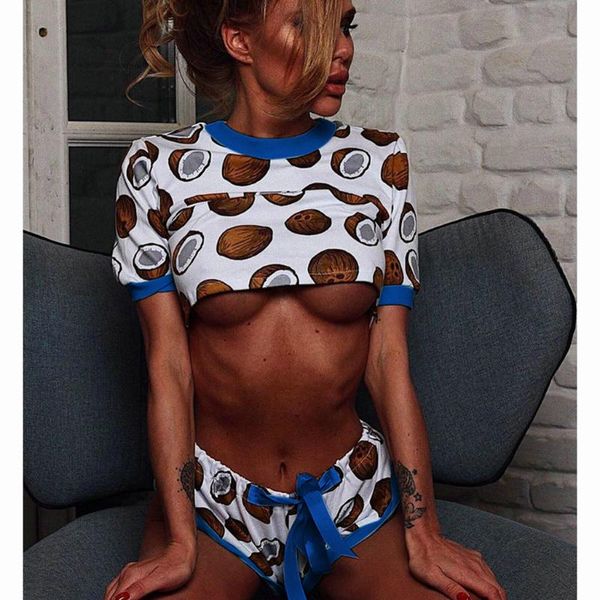 

gym clothing women's fruits print tracksuits o-neck short sleeve blouse and pants sports suit summer women set #3, White;black