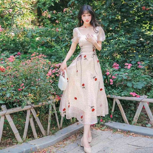 Yosimi вечернее платье платье лето элегантная цветочная вышивка высококачественная ткань с коротким рукавом квадратный воротник длинные женские платья 210604