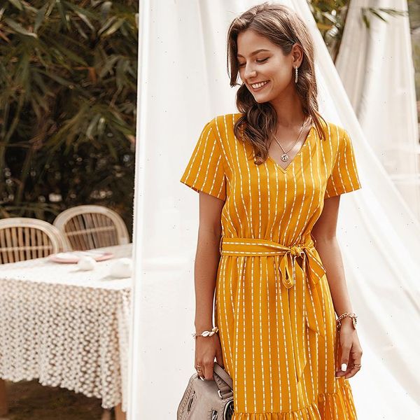 

summer dresses women 2021 elegant v neck casual a line midi dress vintage pink yellow striped sashes lace up sundress veatidos, Black;gray