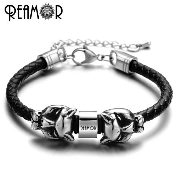 

charm bracelets reamor 316l stainless steel leopard head charms trendy bracelet adjustable red black brown braided leather rope bangles men, Golden;silver