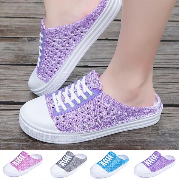 

newbeads women half slippers hole shoes beach flat slip-on sandals slippers garden shoes summer without heel canvas casual, Black