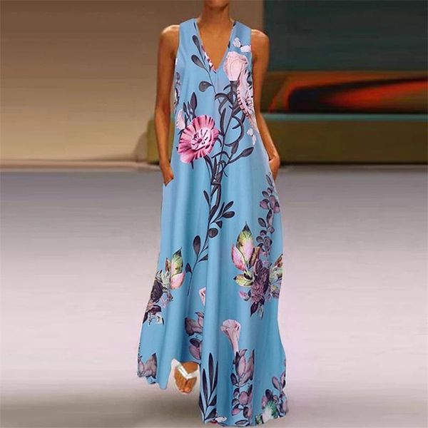 

casual dresses bohemian women dress 2021 summer sundress ladies v neck party long floral print beach robe, Black;gray
