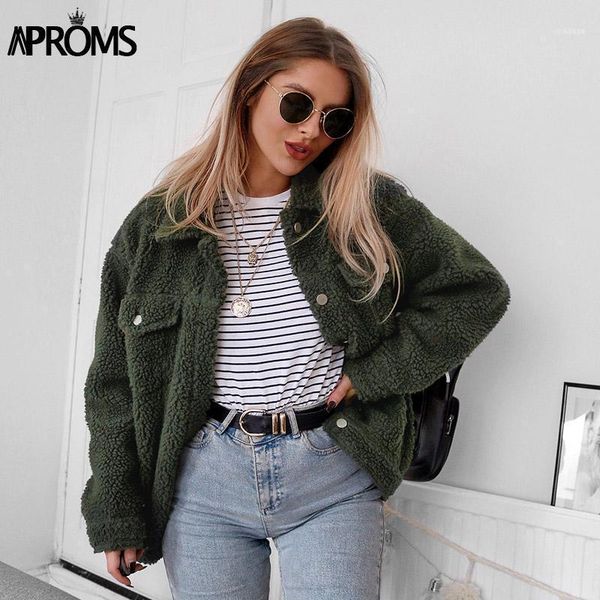 

aproms khaki oversized buttons jackets women winter fashion warm teddy coats autumn outerwear female green overcoats 20211, Black;brown