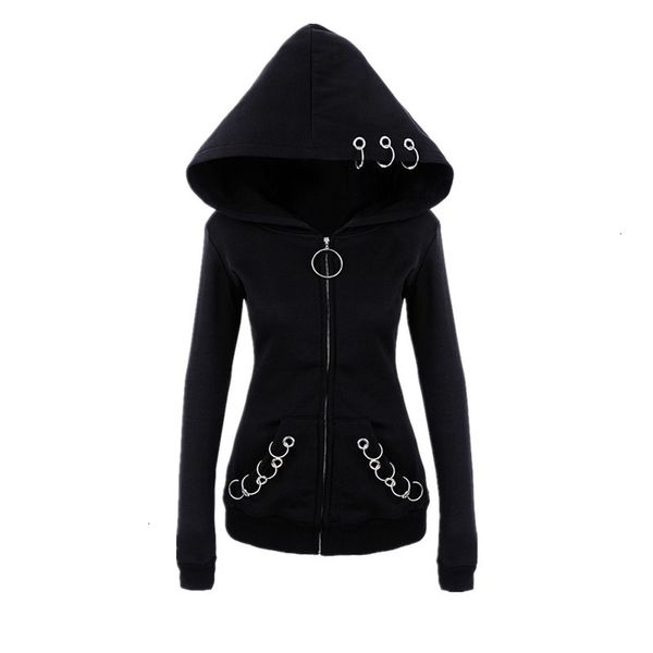 

2021 new women hoodies long gothic punk iron rings black loose hood jacket zipper coat casual sweatshirt tracksuit kbt7