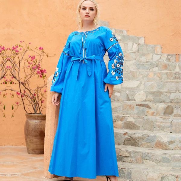 

ethnic clothing 2021 muslim pure color national style retro fashion women's dress embroidered tie round collar arab casual abaya, Red