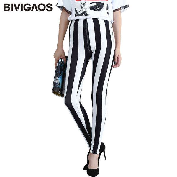 BIVIGAOS Moda Casual Donna Nero Bianco Strisce Verticali Leggings Allenamento Leggings Donna Latte Elastico Pantaloni Matita Per Le Donne 211117