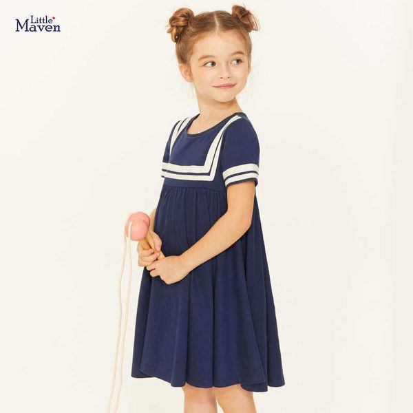 Kleider für Mädchen 2021 Sommer Baby Mädchen Vestiods Kinder Kleidung Baumwolle Marineblau Schule Drapierte Kleider für Kinder 2-7 Jahre S0883 Q0716