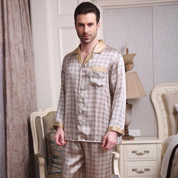 

men's sleepwear brand silk pajama set plus size pajamas male 100% sets long sleeve pijama men homewear, Black;brown