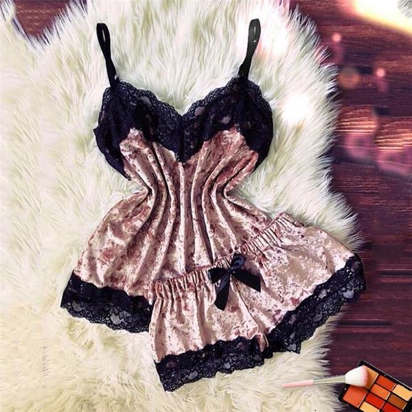 

lace velvet sleepwear suit women solid color v-neck camisole bow shorts pajama sets koronkowa pizama 2020 drop shipping ye, Black;red
